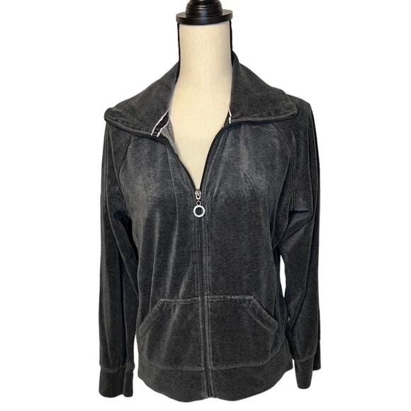 EVERLAST Womens Full Zip Sweatshirt Gray Crushed Velvet Spread Collar Size Large - Picture 2 of 6